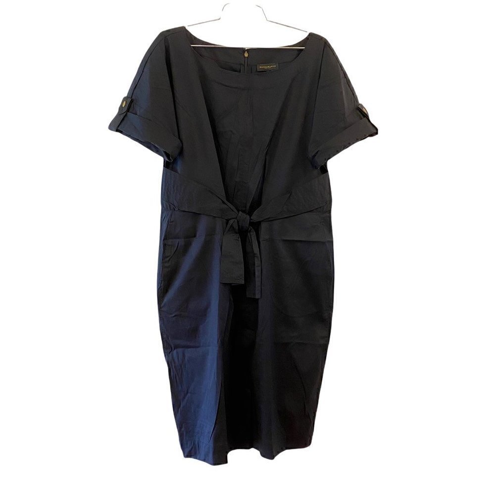 Donna Karan Womens Poplin Sheath Dress Black Tie Waist Short Sleeve Large